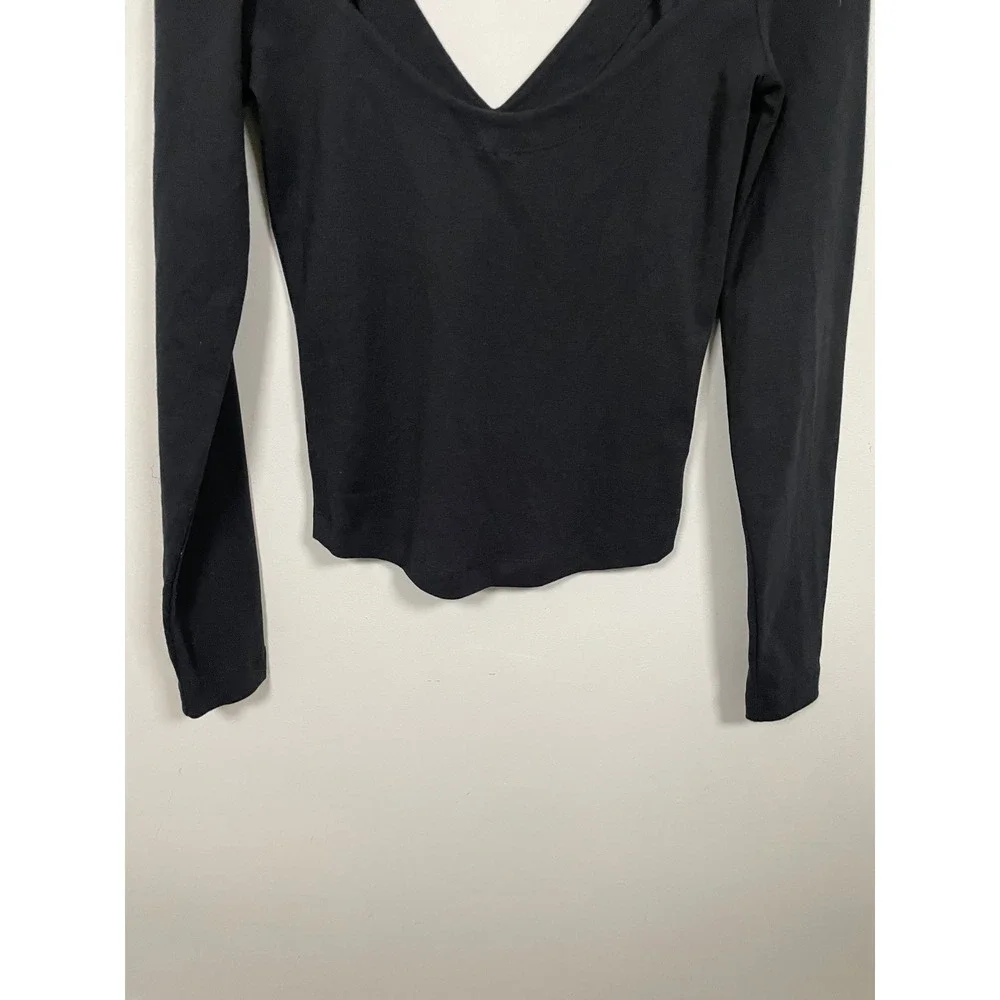 Free People Black V-Neck Open Tie Back Long Sleeve Size Small Casual Essential